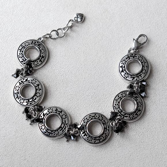 Vintage Brighton Circle Disk Link Bracelet Black Faceted Dangle Beads 7-8" - Picture 1 of 6